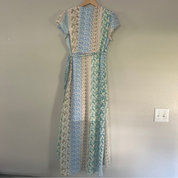 Blue Rain Floral Midi Wrap Dress Pastel Formal Lightweight Wedding Guest Garden - Picture 5 of 7